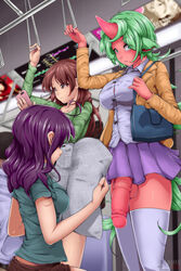 1futa 2girls animeflux averting_eyes balls balls_under_clothes bottomless_skirt breasts casual_exposure casual_nudity curvy embarrassed_nude_futa female female_with_female flaccid futa_sans_pussy futa_with_female futanari green_hair hi_res highres horn huge_penis intersex large_ass large_balls large_breasts looking_away lyren monster monster_girl newspaper original penis penis_out penis_under_clothes penis_under_skirt pink_penis pink_skin public public_nudity skirt uncensored