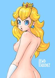 1girls areolae ass blonde_hair blue_background blue_eyes breasts crown earrings erect_nipples eyelashes female female_only hair human lewddoodlez lipstick long_hair looking_at_viewer looking_back mario_(series) medium_breasts nintendo nipples nude open_mouth pink_lipstick princess princess_peach pussy royal sideboob simple_background solo thick_thighs video_games white_gloves wide_hips