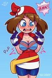 1girls alternate_breast_size artist_name bag belt big_breasts blue_eyes bra breasts brown_hair cleavage clothing fanny_pack female female_only hair human human_only may_(pokemon) may_(pokemon_rs) nintendo patreon pokemon pokemon_rse solo the_other_half url video_games wardrobe_malfunction watermark wide_hips