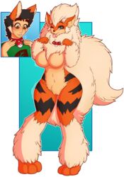 2019 anthro anthrofied arcanine brown_eyes brown_hair collar commission digital_media_(artwork) dog_ears fur furry furry_only game_freak grey_eyes hi_res high_resolution highres keychain looking_down nintendo nippleless no_nipples nude orange_fur pokeball pokemon pokemon_(species) solo standing story_in_description tagme thick_thighs transformation transparent_background wide_hips wrenzephyr2