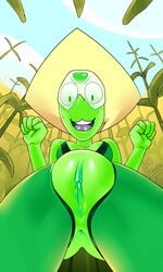 anus badrainbow cartoon_network close-up cornfield female field from_below green_skin looking_down outdoors peridot_(steven_universe) presenting_hindquarters presenting_pussy pussy sky solo solo_female steven_universe