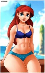 aozee ariel blue_eyes bra cleavage curvaceous curvy detailed_background disney hips long_hair looking_at_viewer panties red_hair ribbon sitting small_breasts the_little_mermaid thick wide_hips