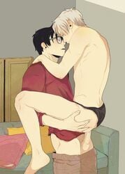 2boys anal anal_penetration anal_sex canon_couple clothed_sex gay glasses holding katsuki_yuuri male_only megane mightynyunyi pants_down penis pubes pubic_hair romantic short_hair stand_and_carry_position standing standing_sex underwear underwear_aside underwear_only viktor_nikiforov yaoi yuri!!!_on_ice