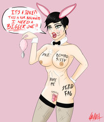 1boy areolae balls big_breasts bimbo bimbofication body_writing breasts bunny_ears bunny_tail bunnysuit buttplug chastity chastity_cage crossdressing cum_on_body curvy erect_nipples fake_breasts flaccid homophobic_slur implants lachzeit large_breasts male male_only nipples nude penis playmate prostitution runny_makeup sissification sissy slur small_balls small_penis stockings submissive trap