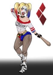 1boy 2019 alpha_channel baseball_bat batman_(series) belt blonde_hair blue_highlights brainwashing bulge choker cosplay dc diamonds diggerman digital_media_(artwork) earrings fake_breasts fingerless_gloves fishnet_stockings fishnets futanari hand_on_head harley_quinn hi_res high_resolution highlights highres human human_only looking_at_viewer makeup male male_only mascara midriff mind_control multicolored_hair navel open_mouth original pose posing red_highlights simple_background solo story_in_description suicide_squad tongue_out torn_clothes torn_clothing transparent_background twintails