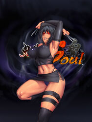 1girls agnidevi areolae armpits black_hair breasts cleavage curvy dark detached_sleeves erect_nipples erect_nipples_under_clothes evil_grin female female_only fingerless_gloves gloves glowing glowing_eyes grin halter_top halterneck high_resolution highleg highleg_panties huge_breasts knife midriff miniskirt nipple_bulge nipples no_bra onimusha_soul panchira panties pantsu red_eyes see-through see-through_clothing see-through_top short_hair skirt smile smoke solo thigh_strap thighhighs thong underwear