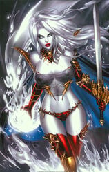 1girls angry armor big_breasts breasts busty casting_spell chaos_comics eric_basaldua eyeshadow female female_only glare gloves grey_skin holding_sword holding_weapon jewelry lady_death large_breasts lipstick long_hair makeup mascara nipples nipples_visible_through_clothing panties pinup red_gloves red_lips red_lipstick red_panties red_thighhighs see-through see-through_bra signature signatures skimpy_armor solo spell spellsword spikes standing sword thighhighs ula_mos warrior weapon white_hair