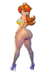 1girls alternate_breast_size ass bare_shoulders big_ass big_breasts bimbo blue_eyes bra breasts brown_hair bubble_butt crown curvaceous curvy dat_ass earrings female female_only full_body heels high_heels hourglass_figure human large_ass large_breasts lingerie lipstick long_hair looking_at_viewer looking_back mario_(series) negarobo nintendo open_toe_shoes panties pink_lipstick platform_footwear princess_daisy seductive seductive_look seductive_smile simple_background smile solo standing stiletto_heels thick_thighs thighs underwear underwear_only very_high_heels voluptuous white_background wide_hips yellow_bra yellow_panties