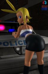 3d ass blonde_hair city female from_behind handcuffs hooligan_sisters human looking_at_viewer looking_back mighty_switch_force orange_skin police purple_eyes sfm shantae skirt sky_(shantae) smooth_skin source_filmmaker splitalien wayforward