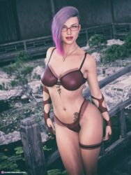 1girls 3d bra eagletime earrings female female_only glasses lingerie lipstick looking_at_viewer navel_piercing necklace outdoor outdoors outside panties pink_hair pinup purple_hair red_glasses red_lipstick slushe_(website) solo solo_female tattoo tattoos