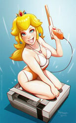 1girls bikini blonde_hair blue_background blue_eyes breasts cleavage curvy earrings female female_only full_body happy kneeling long_hair looking_at_viewer mario_(series) necklace nintendo nintendo_entertainment_system on_knees open_mouth princess_peach seiza simple_background smile solo thick thighs trebuxet video_game