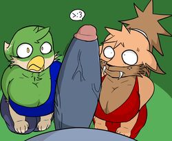 >:3 2019 avian big_breasts big_penis bird breasts cleavage clothed clothing erection felid female huge_cock luna_(masterj291) machairodontine male mammal masterj291 penis shocked surprise veiny_muscles