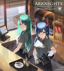 arknights arm_scarf blue_eyes ch'en_(arknights) clothes_around_waist coffee coffee_cup coffee_mug cup disposable_cup dragon_horns green_eyes green_hair highres horn horns hoshiguma_(arknights) jacket_around_waist kuhnowushi long_hair mug toned