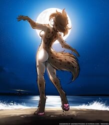 2019 4_toes alternate_version_at_source anthro ass barefoot beach breasts canid canine casual_nudity conditional_dnp dancing dark digitigrade english_text feet felid feline female fur hair hi_res hybrid kathrin_vaughan keidran lighthouse mammal moon night nude pawpads paws rear_view sea seaside side_boob sky smile soles solo spots spotted_fur spread_arms star text toes tom_fischbach twokinds water webcomic