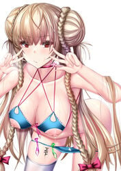 ahoge alternate_costume ass azur_lane bangs bikini bikini_bottom_pull blue_bikini blush braid breasts choker cleavage commentary_request condom cum cum_in_pussy double_bun double_w eyebrows_visible_through_hair female formidable_(azur_lane) formidable_(the_lady_of_the_beach)_(azur_lane) hands_up hanging_breasts lactation large_breasts leaning_forward long_hair looking_at_viewer moepush navel nipple_cutout nippleless_clothes red_eyes revision ribbon sidelocks single_thighhigh solo swimsuit thighhighs used_condom very_long_hair w