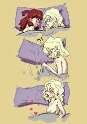 <3 2girls ?! ahe_gao akko_kagari blonde_hair blue_eyes blush brown_hair diakko diana_cavendish heart holding_hands implied_cunnilingus implied_oral implied_sex in_bed little_witch_academia long_hair looking_at_another multiple_girls pillow red_eyes sheets under_covers under_sheets yuri