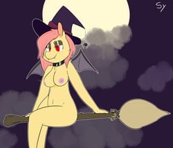 anthro arachnid arthropod breasts broom collar fangs flutterbat_(mlp) fluttershy_(mlp) friendship_is_magic furry hi_res magic_user my_little_pony sketchy_yvun sketchyyvun spider straight_hair wings witch