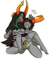 1boy 1girls black_hair breasts bronya_ursama cfnm choccocatmya closed_eyes clothing fangs female green_eyes green_highlights green_lips green_nipples grey_skin headpat hiveswap horns long_hair ms_paint_adventures naked nipples penis pussy pussy_juice shirt_lift short_hair straight troll vaginal_penetration vikare_ratite white_background