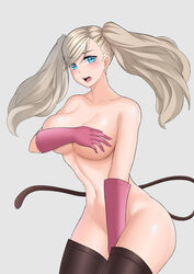 1girls 5:7 ann_takamaki aori_sora atlus blonde_hair blue_eyes blue_eyes_female blush boots cat_tail covering covering_breasts covering_crotch embarrassed gloves hair_ornament hairclip highres large_breasts long_hair long_hair_female long_white_hair medium_breasts megami_tensei mouth nude open persona persona_5 pink_gloves solo tail thigh_boots thighhighs thighs twintails white_background