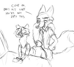 anthro black_and_white canid canine clothed clothed_sex clothing dialogue disney duke_weaselton duo english_text fox grivaire handcuffs male male_only mammal mustela mustelid musteline nick_wilde open_mouth sex shackles sketch text tongue tongue_out yaoi zootopia