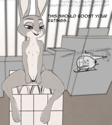 aircraft anthro breasts city cityscape dialogue disney exhibitionism female flat_chest fluffytuft helicopter hi_res judy_hopps lagomorph leporid macro mammal nipples nude panties panty_pull public pussy rabbit sitting sketch small_breasts smile spread_legs spreading underwear zootopia