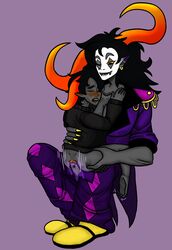 1boy 1girls anal anal_sex ass ass_grab biting_lip black_hair blush brown_lips chixie_roixmr choccocatmya closed_eyes clothing earrings facepaint female grey_skin hiveswap horns long_hair marvus_xoloto ms_paint_adventures one_eye_closed open_mouth penis penis_piercing pointy_ears purple_background size_difference straddling straight sweat troll yellow_eyes yellow_nails