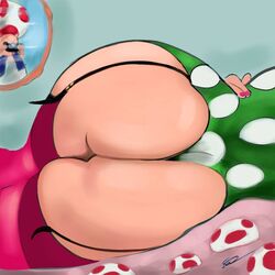 1boy 1girls ass ass_focus big_ass clothing curvaceous curvy female female_focus garter_straps indoors laying_down lying male mario_(series) nintendo on_side pink_nails pinkrabbitdrawings princess_peach reflection thecon thick thighhighs toad_(mario) video_games wide_hips