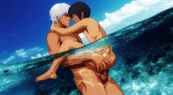 2boys age_difference anal ass barefoot blush c3_piyo dark_skin erection feet full_body hans_gunsche hellsing lifting male male_focus male_only multiple_boys nude outdoors penis sex size_difference sky tanned walter_c._dornez water wet yaoi