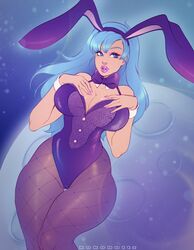 1girls artist_name big_breasts bimbo bimbo_lips blue_eyes bowtie breasts bulma_(bunny) bulma_briefs bunny_costume bunny_ears bunnysuit busty cleavage clothing curvy detached_collar dragon_ball eyeshadow female female_only fishnet_pantyhose full_moon hair kokobuttz lingerie lipstick long_hair makeup moon pantyhose shounen_jump solo teenager voluptuous watermark wrist_cuffs