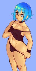 blue_background blue_hair clothed female forcedpause groping_self hand_on_breast looking_to_the_side pulling_panties sadcatto sketch solo standing