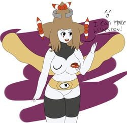 1girls 3_fingers :d alternate_species anthro big_breasts breasts brown_hair dialogue eyelashes featureless_crotch female fingers hair heart human humanoid idrawmolly implied_transformation jirachi legendary_pokemon may_(pokemon) may_(pokemon_oras) nintendo nipple_mouth nipples nude pokémon_(species) pokemon pokemon_(species) pokemon_oras pokephilia ribbons simple_background smile solo star steel text thick_thighs tongue video_games what white_skin