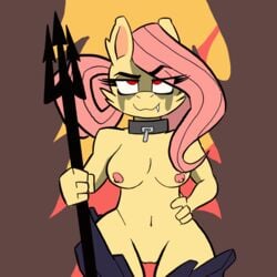 1:1 animated anthro big_breasts breasts collar female fluttershy_(mlp) friendship_is_magic furry hair_on_head hi_res melee_weapon mostly_nude my_little_pony polearm slimewiz trident weapon