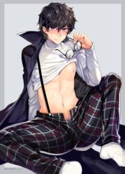 1boy akira_kurusu atlus black_hair cloak cum cum_on_body cum_on_glasses glasses human human_only joker_(persona) kirimoto_yuuji legs_apart looking_at_viewer male_only megami_tensei nipple pants persona persona_5 purple_eyes ren_amamiya shirt_lift socks solo suspenders tagme yaoi