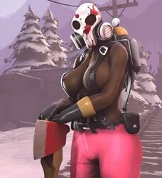 1girls 3d abs albanyfucker axe big_breasts bloody_clothes dark_skin female fempyro gloves pants pyro solo source_filmmaker team_fortress_2 valve