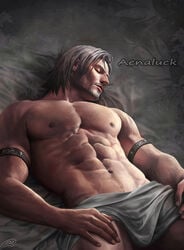 1boy abs aenaluck beard bed chest_hair closed_eyes eyes_closed facial_hair hairy hairy_chest hand_on_leg human human_only lying lying_on_bed male male_chest male_nipples male_only master_(aenaluck) muscle muscles muscular muscular_male nipples on_bed original_character pecs realistic six_pack sleeping solo solo_focus solo_male towel vein veins veiny_muscles white_hair