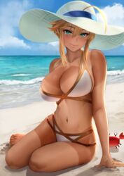 1girls artoria_pendragon artoria_pendragon_(lancer) artoria_pendragon_(swimsuit_ruler) artoria_pendragon_(swimsuit_ruler)_(second_ascension)_(fate) beach bikini blonde_hair breasts criss-cross_halter fate/grand_order fate_(series) female female_only hair_between_eyes hat large_breasts looking_at_viewer multi-strapped_bikini seaside tan tanline tanlines white_bikini yamaneko_(tkdrumsco)