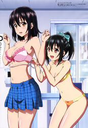 2girls akatsuki_nagisa black_hair bow bra breasts brown_eyes cleavage clothing duo female gakken hair_between_eyes hair_ornament hairbow high_ponytail high_resolution himeragi_yukina long_hair looking_back magazine_(source) magazine_scan measuring medium_breasts megami_magazine multiple_girls official_art open_mouth panties pantsu ponytail red_eyes scan skirt strike_the_blood tape_measure tied_hair underwear very_high_resolution