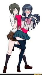 2girls blush danganronpa embarrassed embarrassing female_only maizono_sayaka mukuro_ikusaba panties panty_pull pink_panties straight_hair thighhighs wedgie