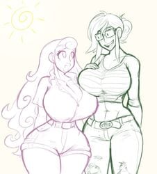 2girls belly_button big_breasts breasts busty cleavage ear_piercing female glasses hair_bun jeans kentayuki large_breasts long_hair multiple_girls shorts shortstack stomach thick_thighs torn_jeans