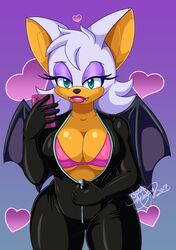 1girls animal_ears anthro bat_wings bedroom_eyes blue_eyes bodysuit bra breasts cleavage fangs female female_only furry holding holding_phone large_breasts latex_suit lipstick makeup mascara phone pink_bra rouge_the_bat sega selfpic sonic_(series) unzipped wings