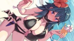alternate_costume beach bikini black_bikini black_swimsuit blush boris_(noborhys) breasts byleth_(fire_emblem) byleth_(fire_emblem)_(female) cape cleavage cup dagger drink female fire_emblem fire_emblem:_three_houses fire_emblem_heroes flower hair_flower hair_ornament hibiscus highres huge_breasts knife medium_ass medium_hair ocean red_flower sideboob smile solo straw swimsuit