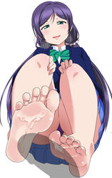 1girls bare_legs barefoot blue_eyes blush bow bowtie breath cum cum_on_body cum_on_feet cum_on_lower_body cum_on_soles dot_nose eyebrows_visible_through_hair feet female footjob from_below hair_ornament hair_scrunchie hands_on_own_knees highres jacket long_hair looking_at_viewer looking_down love_live! love_live!_school_idol_project low_twintails male open_mouth panimiiru panties pantyshot pantyshot_(sitting) parted_hair penis_shadow pink_scrunchie purple_hair purple_panties school_uniform schoolgirl scrunchie sitting skirt soles solo_focus squinting tareme toes toujou_nozomi twintails white_background wing_collar