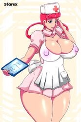 1girls 5tarex alternate_breast_size ass big_ass big_breasts big_nipples blue_eyes breasts cleavage clothed erect_nipples erection_under_clothes eye_contact female female_only half-closed_eyes headdress huge_breasts human looking_at_viewer nintendo nipple_bulge nipples nurse nurse_joy pink_hair pokemon pokemon_rgby solo source_request text thighhighs watermark wide_hips