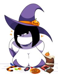 <3 1girls :3 android androjuniarto bent_over big_breasts black_eyes black_hair breasts busty cake candy candy_cane candy_corn chocolate chocolate_bar chocolate_cake cleavage clothing collar cream curvy fully_clothed halloween halloween_costume hat highres huge_breasts large_breasts legwear licking_lips lollipop looking_at_viewer maidbot_(androjuniarto) mob_face original presenting presenting_breasts purple_legwear purple_stockings purple_thighhighs purple_topwear robot robot_girl sexually_suggestive short_hair smile smiling standing stockings sweets thick_thighs thighhighs tongue tongue_out topwear voluptuous white_background white_body wide_hips witch_hat