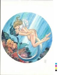 2girls ass blonde_hair breasts female female_only french_kiss french_kissing grabbing_another's_ass grabbing_ass green_hair hair_ornament kissing mermaid mermaid_tail milo_manara multiple_girls ocean underwater yuri