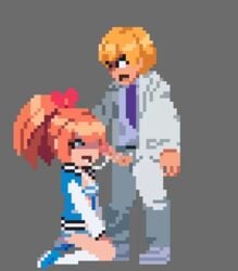 1boy 1girls animated blazer blowjob bow cum cum_in_mouth cum_inside cum_trail ejaculation fellatio female footwear hand_on_head human jacket kamuo kunio-kun kyoko_(kunio-kun) letterman_jacket lewd_city_girls male no_pants oral orange_hair outerwear panties pixel_art river_city_girls shoes socks striped_panties varsity_jacket