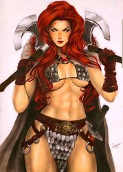 1girls abs armor axe barbarian belly_button belt big_breasts bikini_armor bra breasts brown_gloves chainmail chainmail_bikini chainmail_bra chainmail_panties cleavage conan_the_barbarian_(series) dagger dual_wielding dynamite_comics eye_contact eyeshadow female female_only gloves holding_axe human layne_(cosmotrama) lipstick loincloth looking_at_viewer makeup mascara midriff navel pinup red_hair red_lips red_lipstick red_sonja red_sonja_(comics) sheathed sheathed_weapon signature solo standing stomach sword thighs warrior weapon weapons