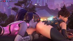 2girls 3d alternate_costume anus ass blender female female_only forceballfx oral overwatch pussy rimming rose_tracer tracer widowmaker yuri