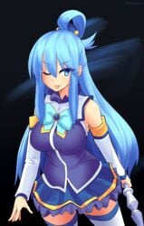 1girls aqua_(konosuba) aqua_eyes aqua_hair big_breasts blue_eyes blue_hair breasts detached_sleeves female hair_ornament human humanoid kazukoto kono_subarashii_sekai_ni_shukufuku_wo! long_hair looking_at_viewer not_porn one_eye_closed sleeves solo solo_female staff thighhighs tongue tongue_out wink