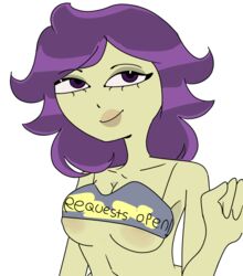 1girls bra_lift breasts exposed_breasts female female_only long_hair pepsioasis purple_eyes purple_hair request solo